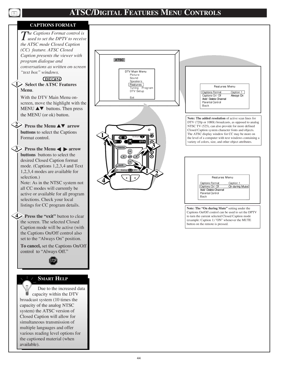 Philips HD6400W manual ATSC/DIGITAL Features Menu Controls, Captions Format, Select the Atsc Features Menu 