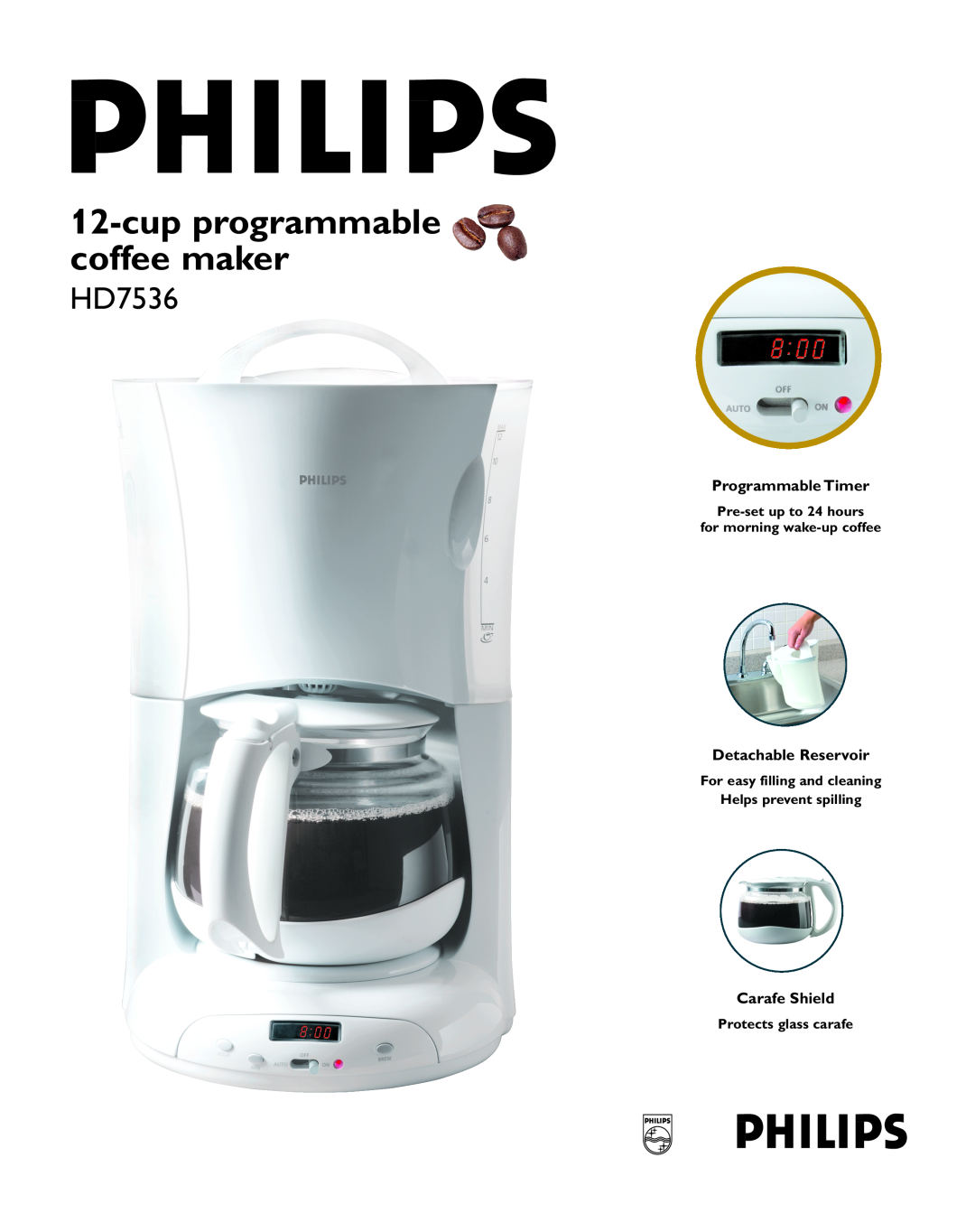Philips HD7536 manual cup programmable coffee maker, Pre-set up to 24 hours for morning wake-up coffee, Programmable Timer 