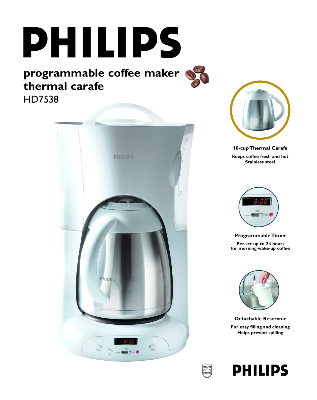 Philips HD7538 manual programmable coffee maker thermal carafe, Keeps coffee fresh and hot Stainless steel 