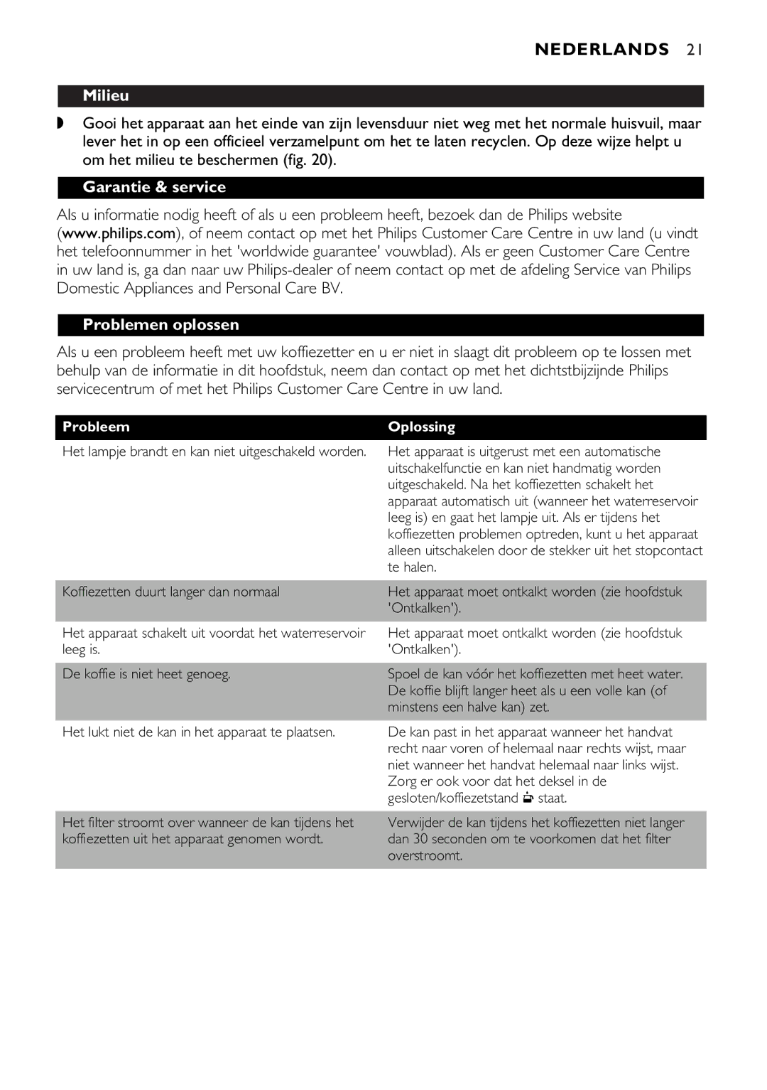 Philips HD7544, HD7546 manual Milieu, Garantie & service, Problemen oplossen, Probleem Oplossing 