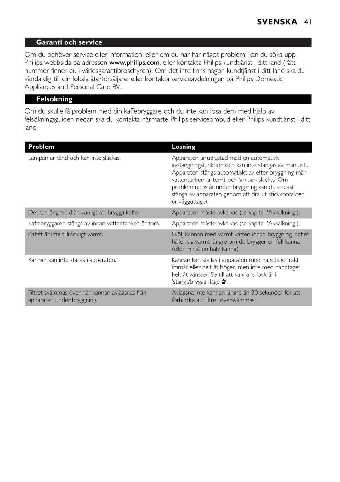 Philips HD7544, HD7546 manual Garanti och service Felsökning, Problem Lösning, Kaffet är inte tillräckligt varmt 