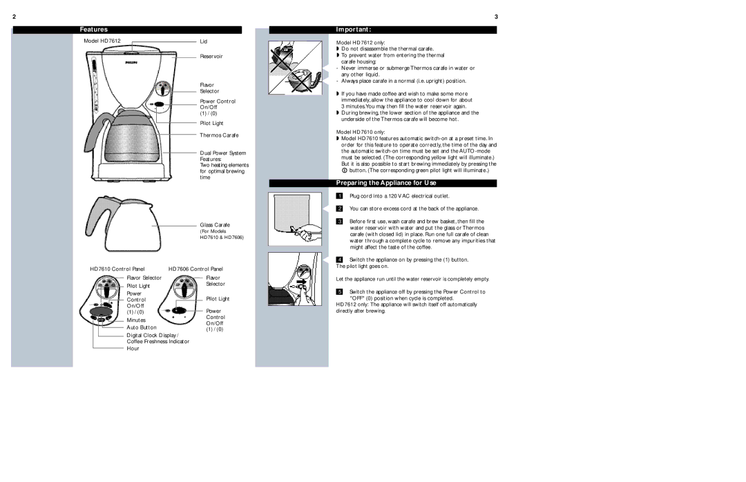 Philips HD7606, HD7610, HD7612 manual Features, Preparing the Appliance for Use 