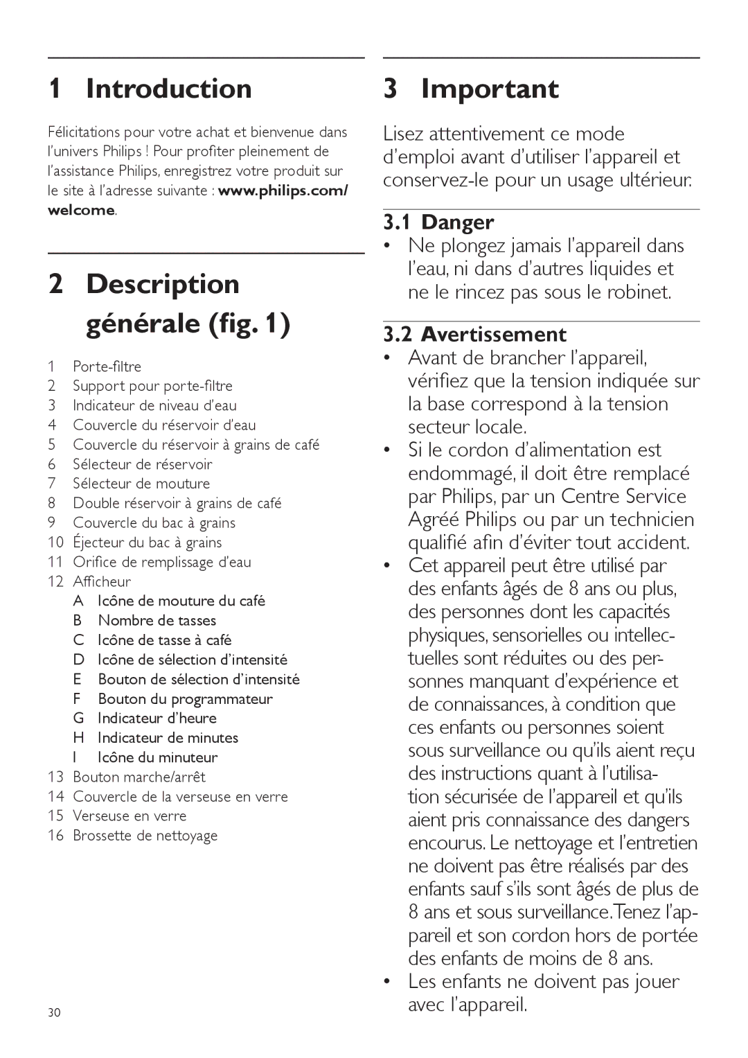 Philips HD7762 user manual Introduction Description générale, Avertissement, Indicateur d’heure 