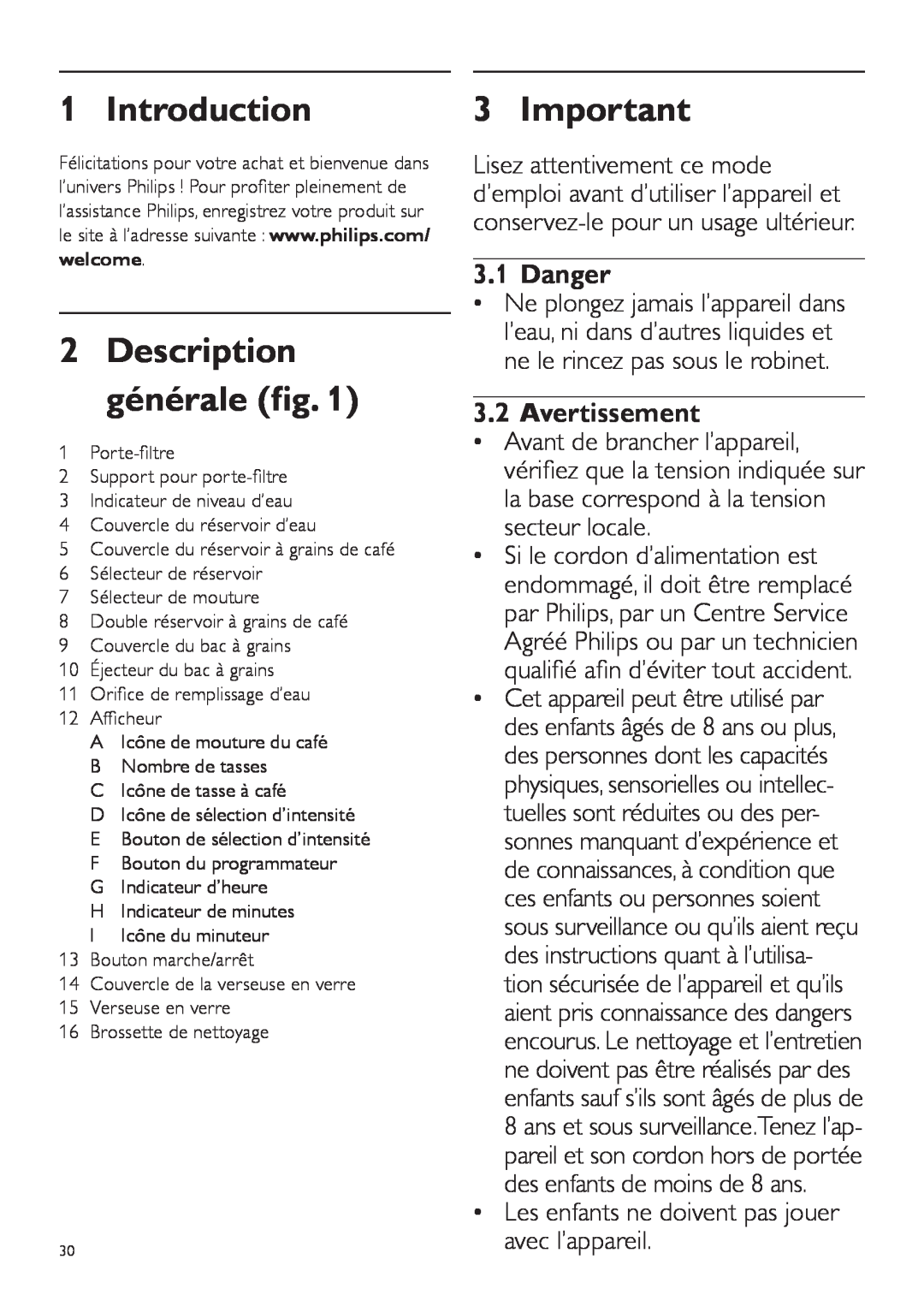 Philips HD7762 user manual Description générale, Avertissement, Introduction, Important, Danger 