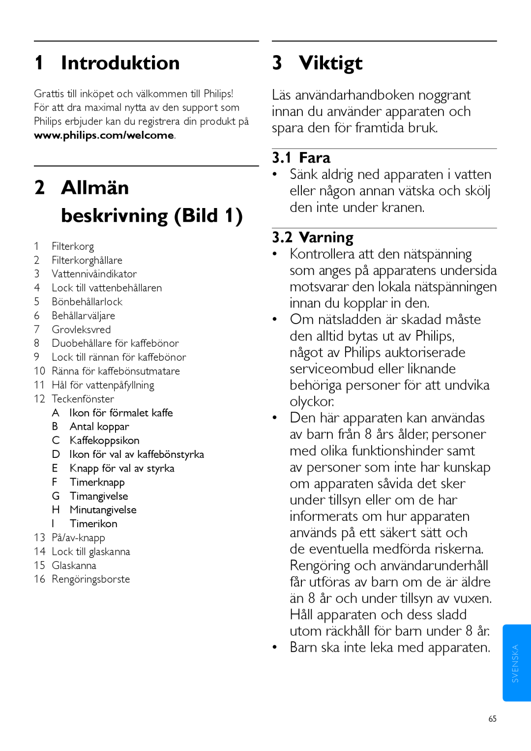 Philips HD7762 user manual Allmän beskrivning Bild 1, Viktigt, Fara, Varning, Introduktion 