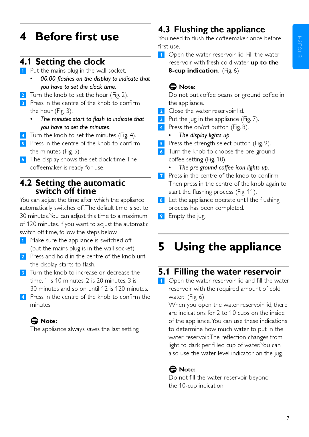 Philips HD7762 user manual Before first use, Using the appliance, Setting the clock, Setting the automatic switch off time 