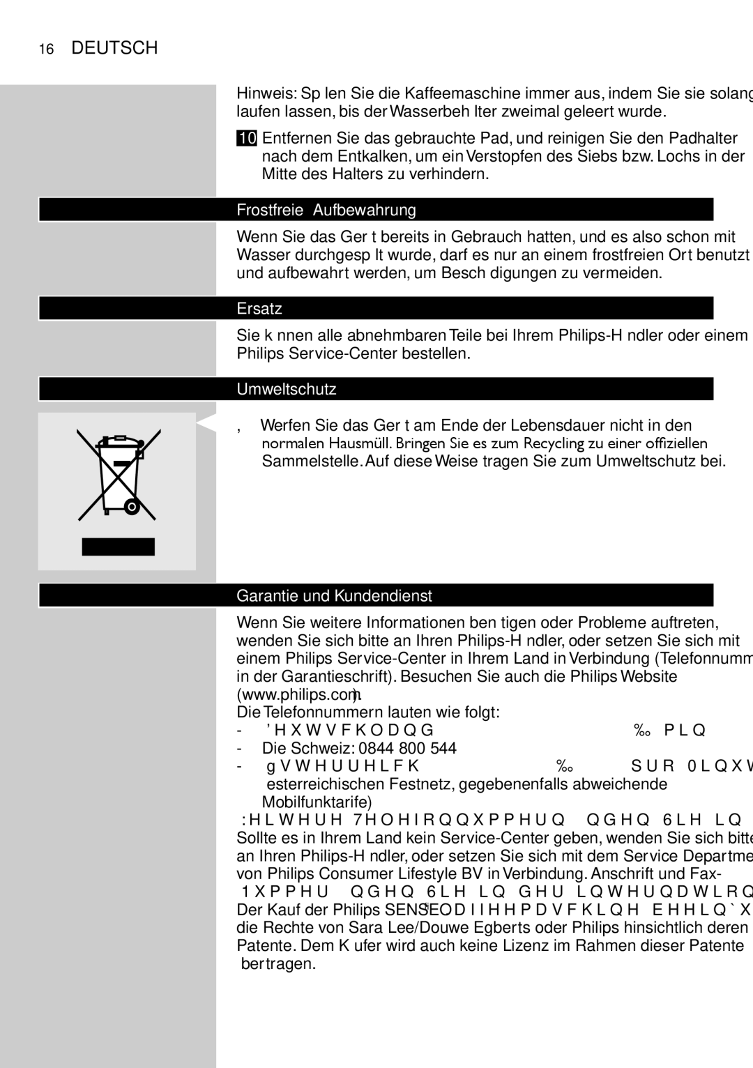 Philips HD7805 manual Frostfreie Aufbewahrung, Ersatz, Umweltschutz, Garantie und Kundendienst 