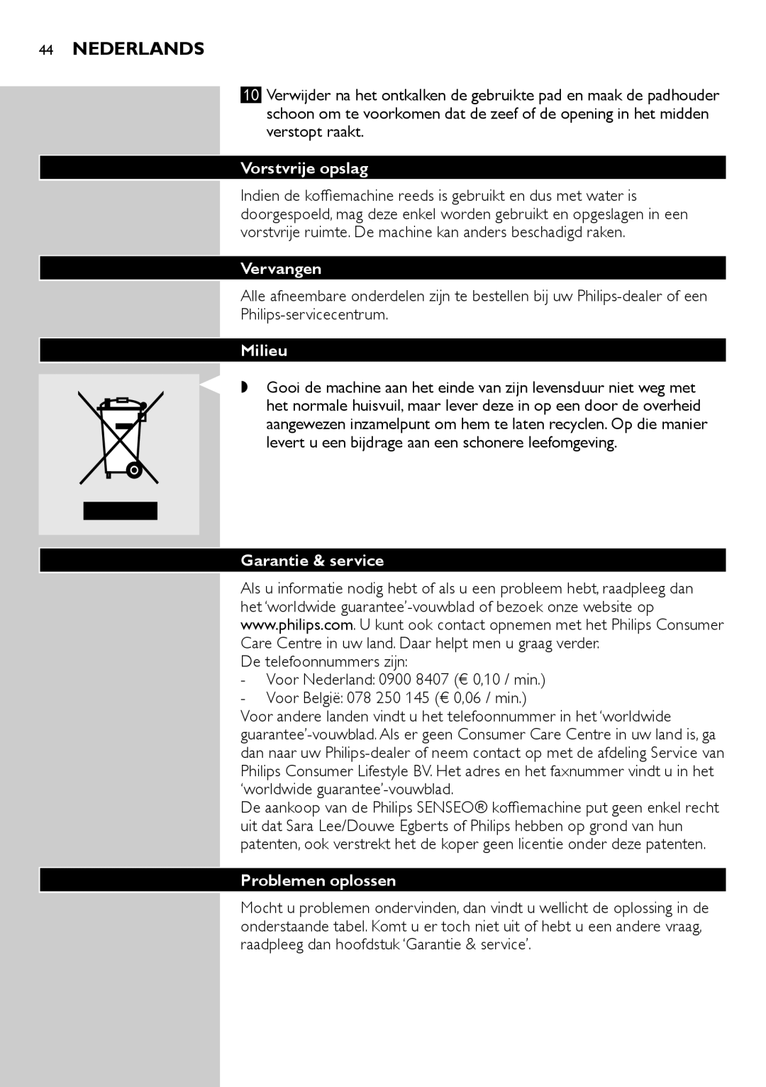 Philips HD7805 manual Vorstvrije opslag, Vervangen, Milieu, Garantie & service, Problemen oplossen 