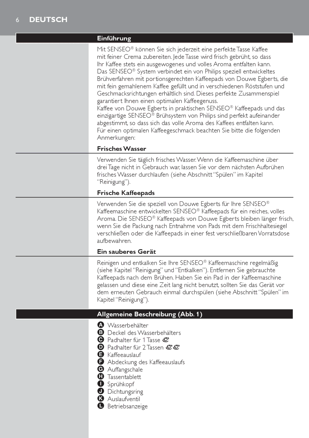 Philips HD7805 manual Einführung, Frisches Wasser, Frische Kaffeepads, Ein sauberes Gerät, Allgemeine Beschreibung Abb 