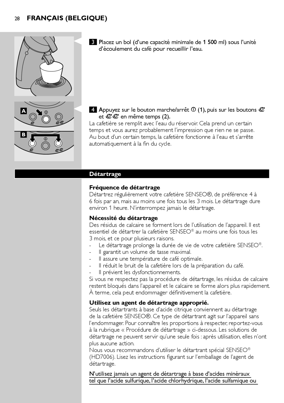 Philips HD7805 manual Français Belgique, Détartrage, Fréquence de détartrage, Nécessité du détartrage 