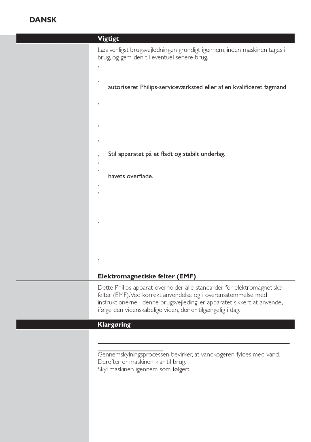 Philips HD7822 manual Vigtigt, Elektromagnetiske felter EMF, Klargøring 