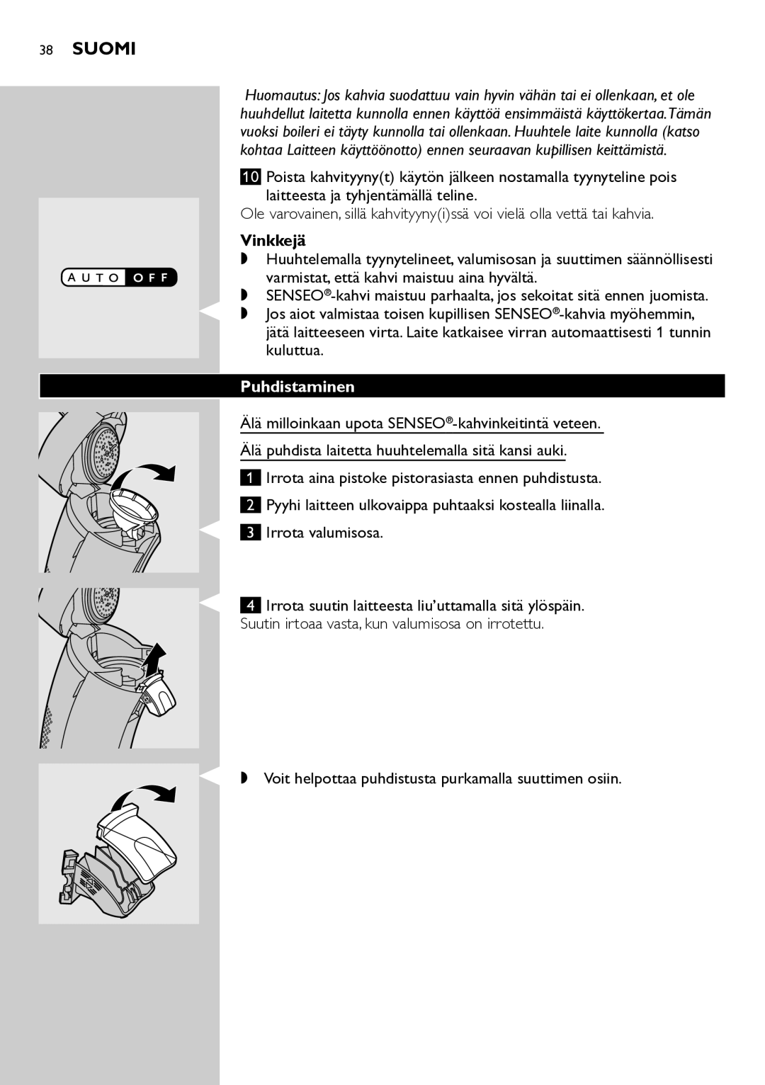 Philips HD7822 manual Vinkkejä, Puhdistaminen 