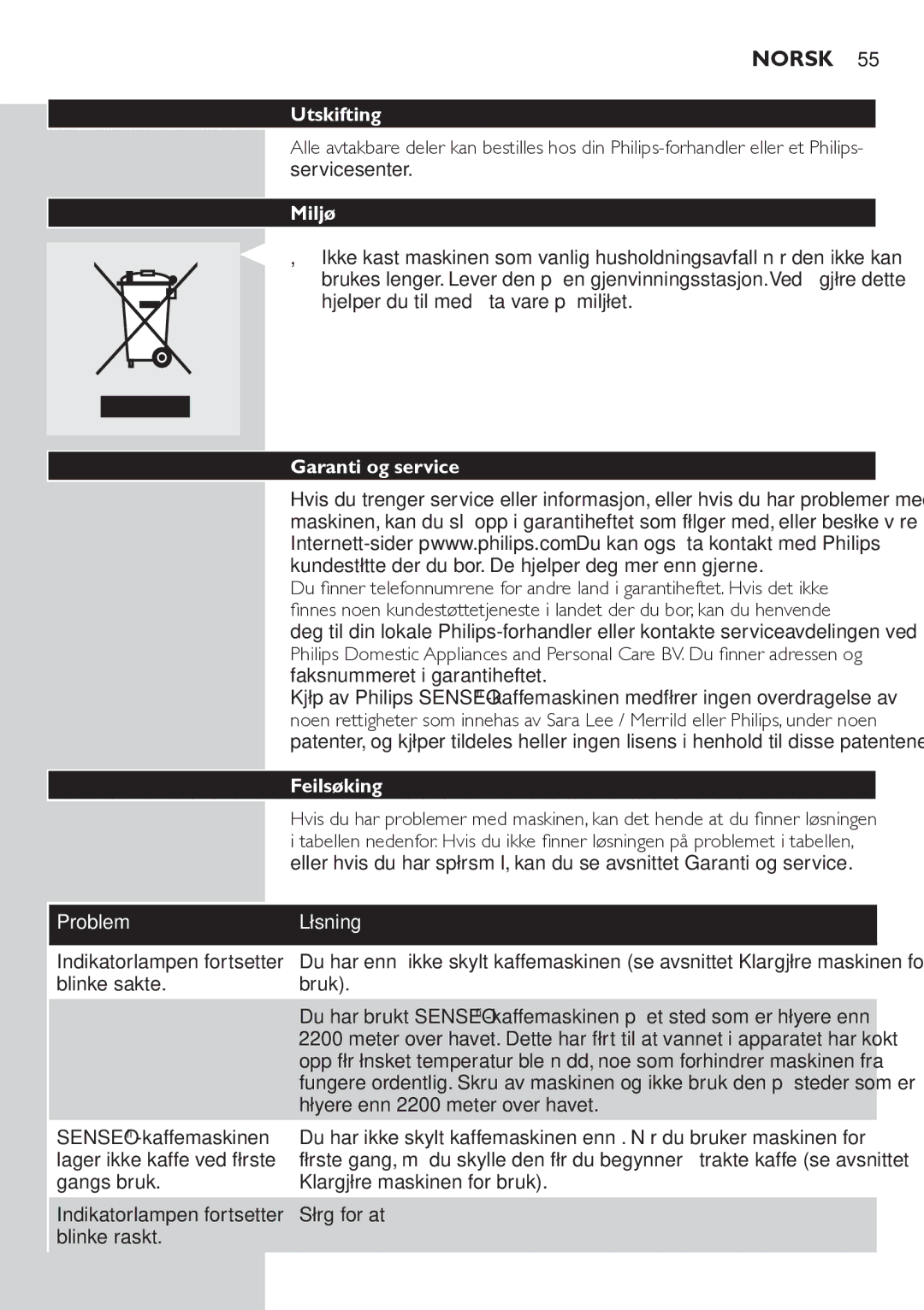 Philips HD7822 manual Utskifting, Miljø, Garanti og service, Feilsøking 