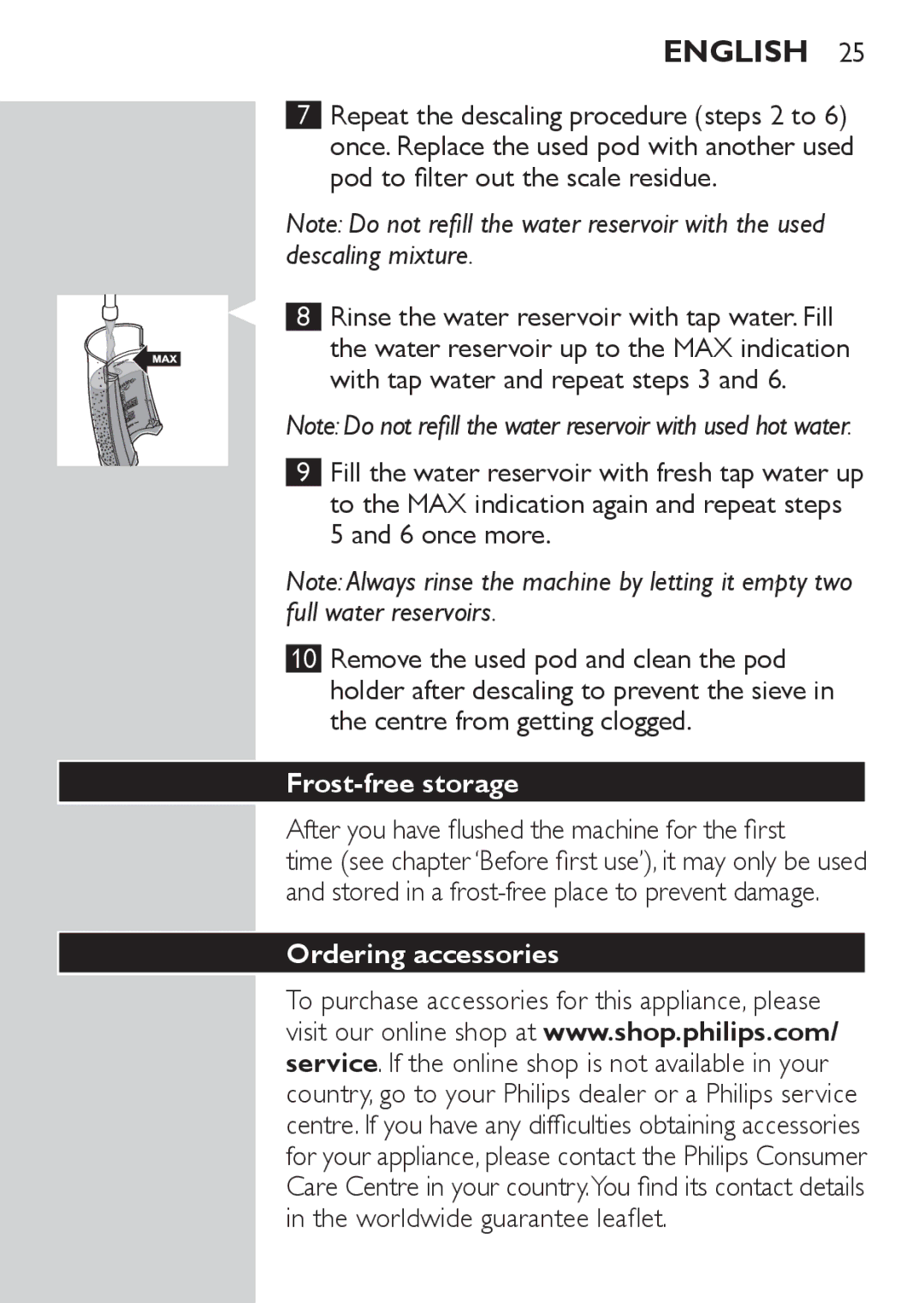 Philips HD7827, HD7825 user manual Frost-free storage, Stored in a frost-free place to prevent damage, Ordering accessories 