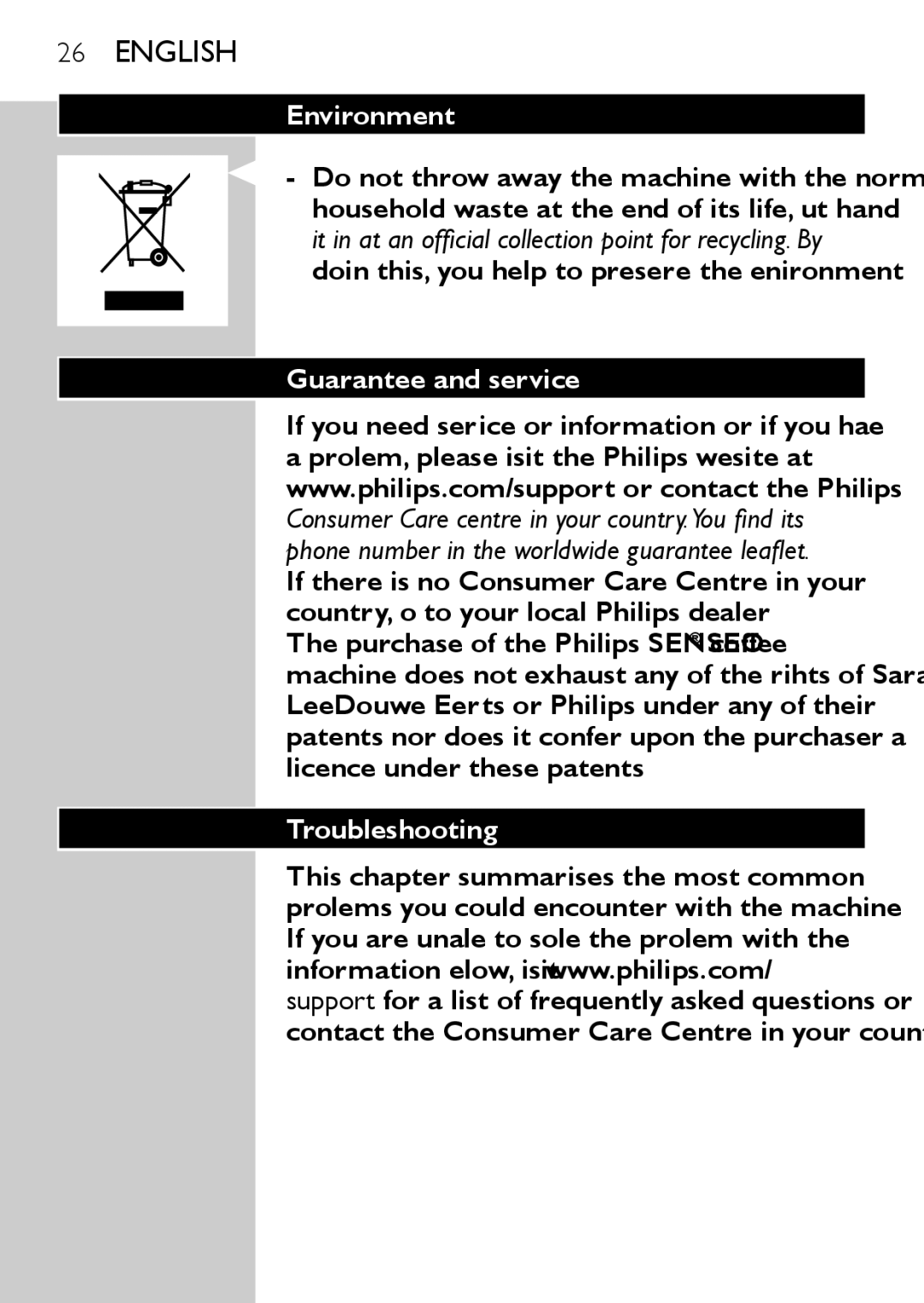 Philips HD7825, HD7827 user manual Environment, Guarantee and service, Troubleshooting 