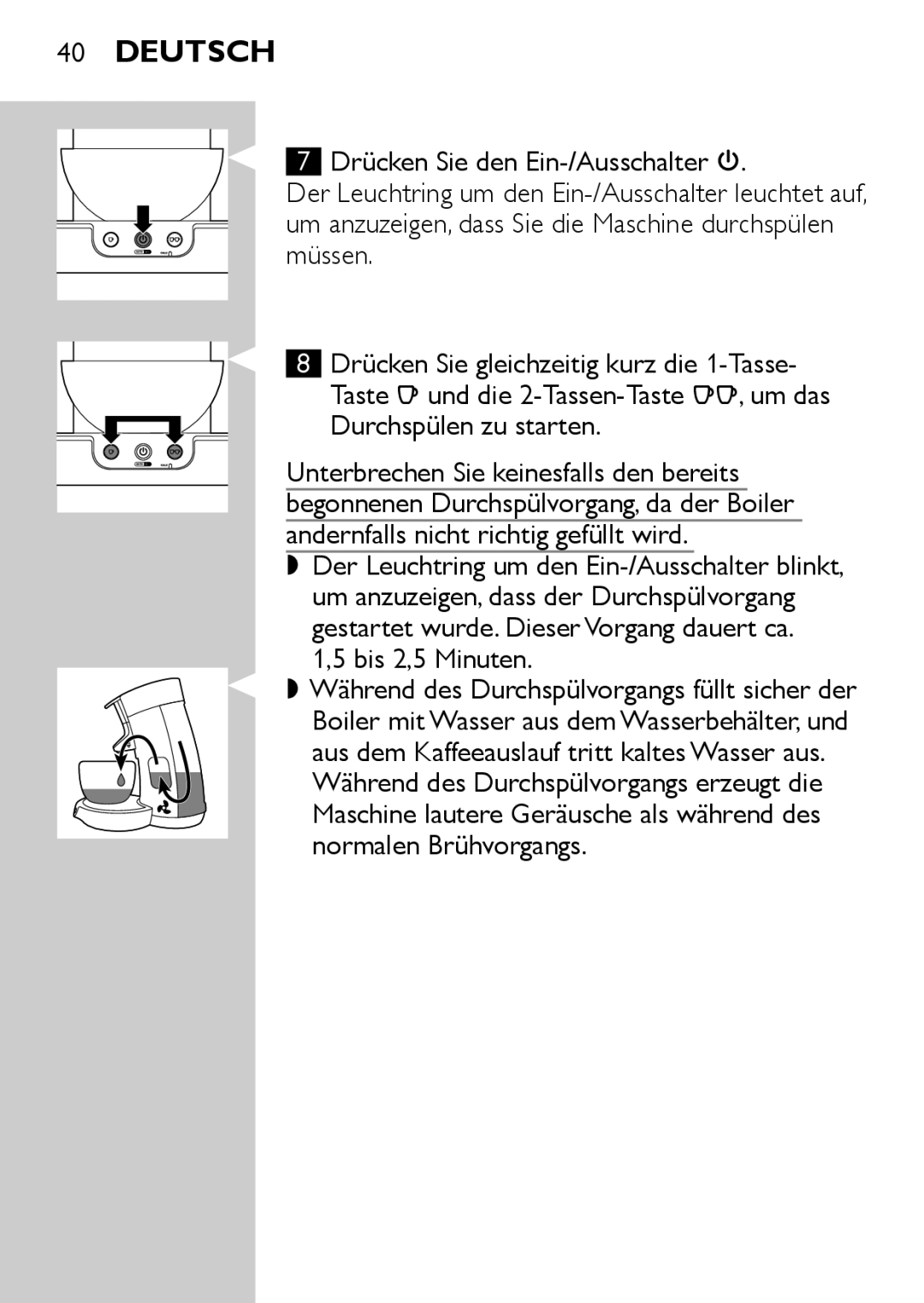 Philips HD7825, HD7827 user manual Durchspülen zu starten 