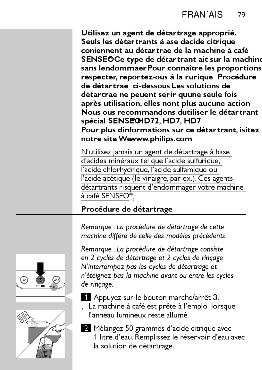 Philips HD7827, HD7825 user manual Utilisez un agent de détartrage approprié, Café Senseo, Procédure de détartrage 