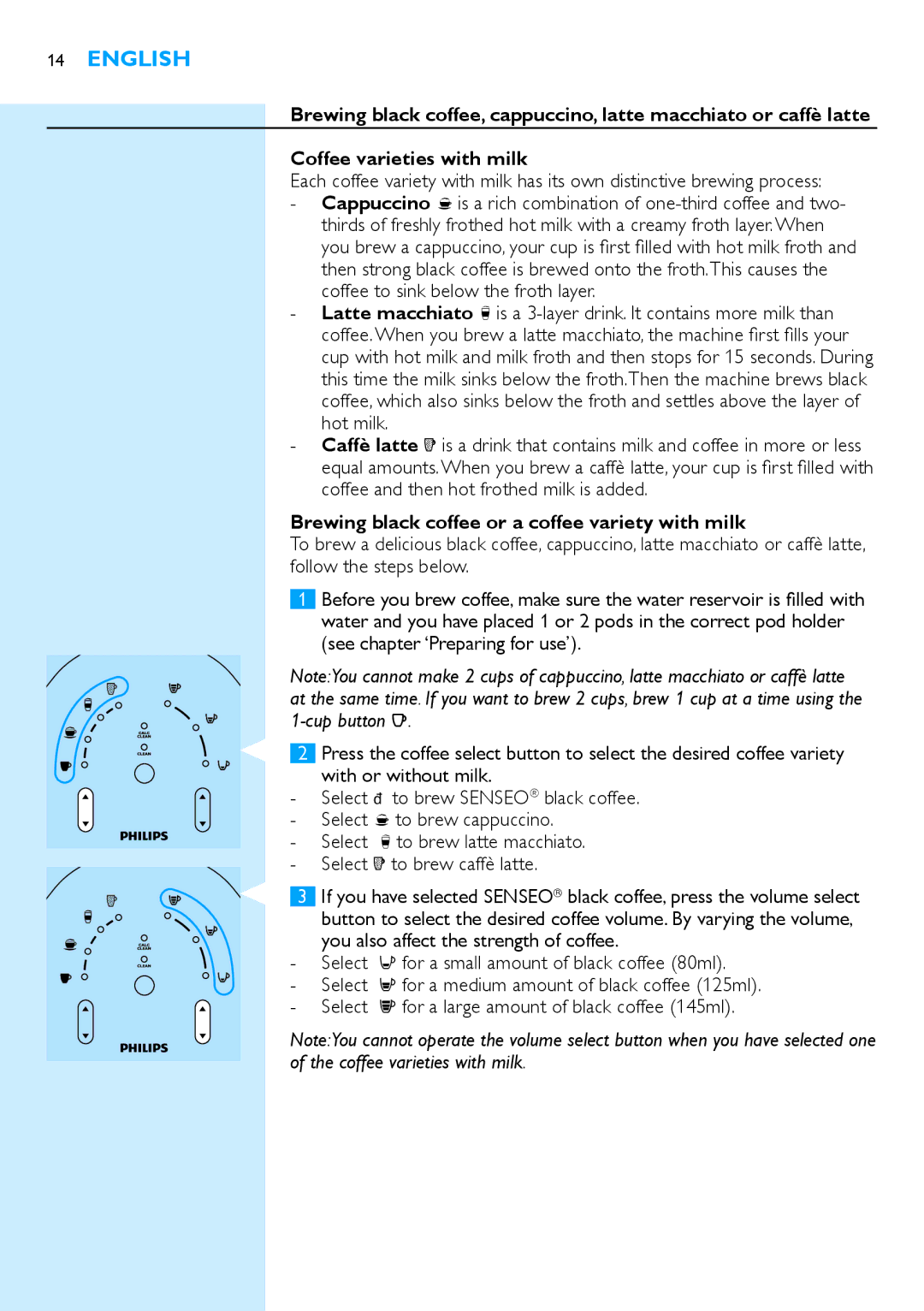 Philips HD7850 manual Brewing black coffee or a coffee variety with milk 
