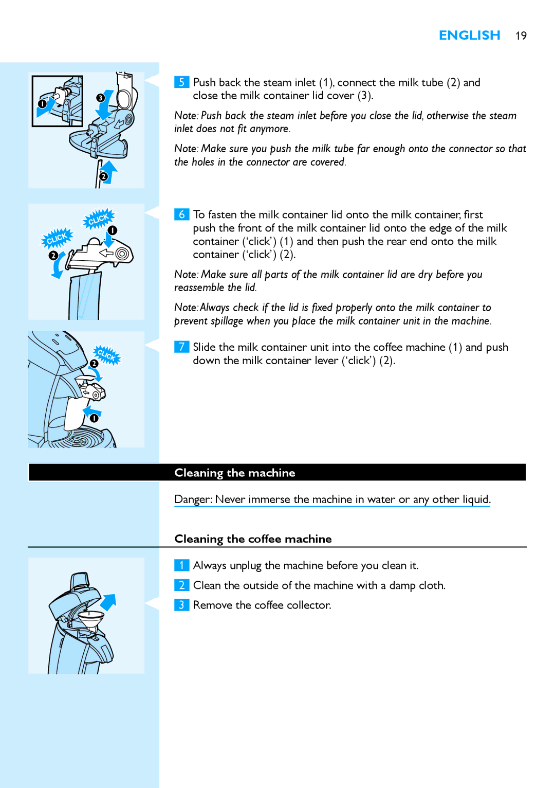 Philips HD7850 manual Reassemble the lid, Cleaning the machine, Cleaning the coffee machine 