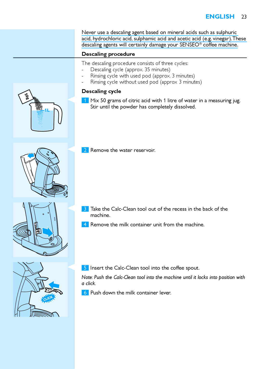 Philips HD7850 manual Descaling procedure, Descaling cycle 