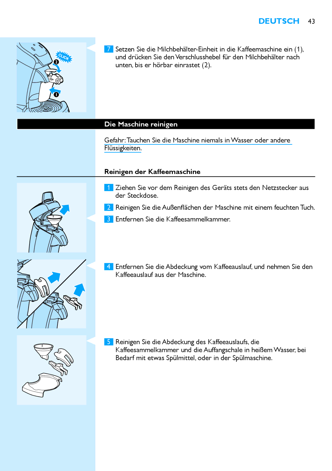 Philips HD7850 manual Die Maschine reinigen, Reinigen der Kaffeemaschine 