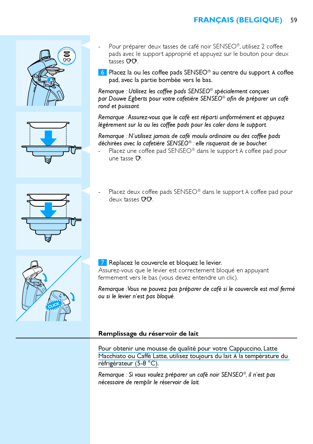 Philips HD7850 manual Remplissage du réservoir de lait 