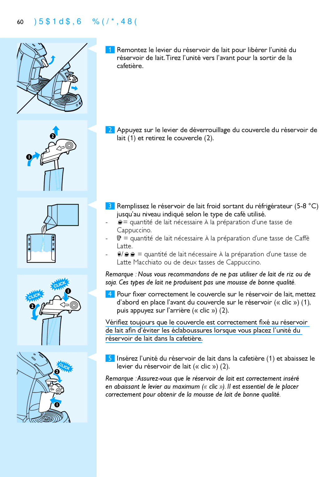 Philips HD7850 manual Cafetière, Levier du réservoir de lait « clic » 2 