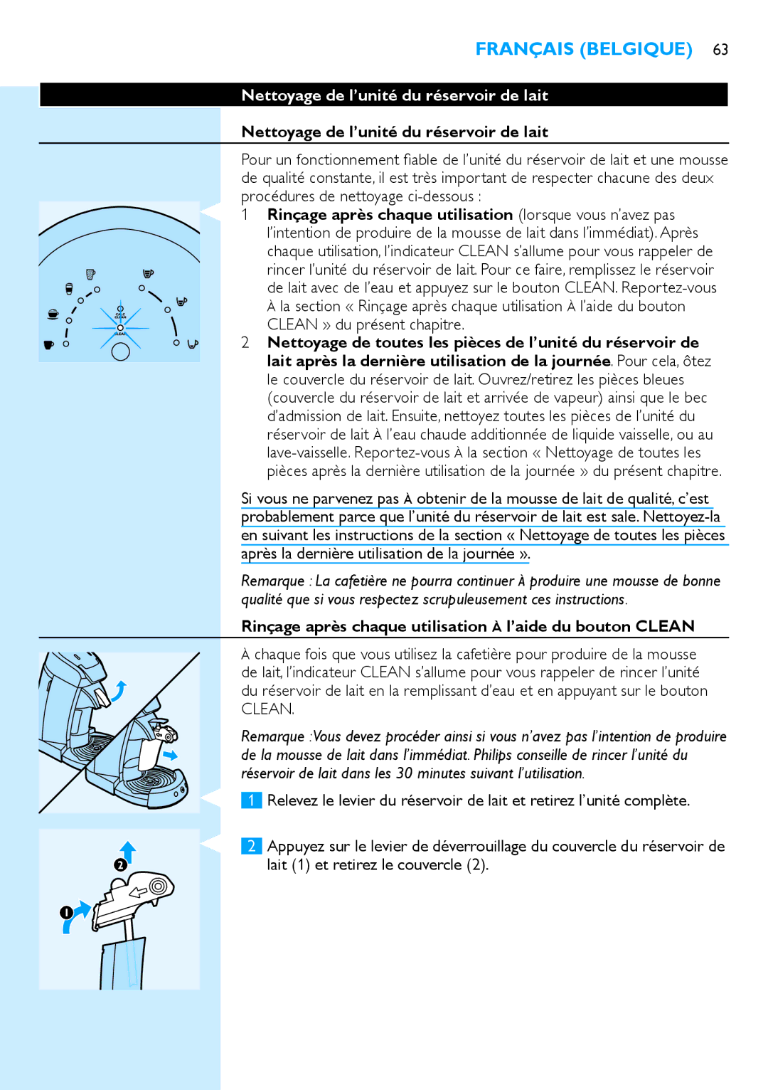 Philips HD7850 manual Nettoyage de l’unité du réservoir de lait, Rinçage après chaque utilisation À l’aide du bouton Clean 