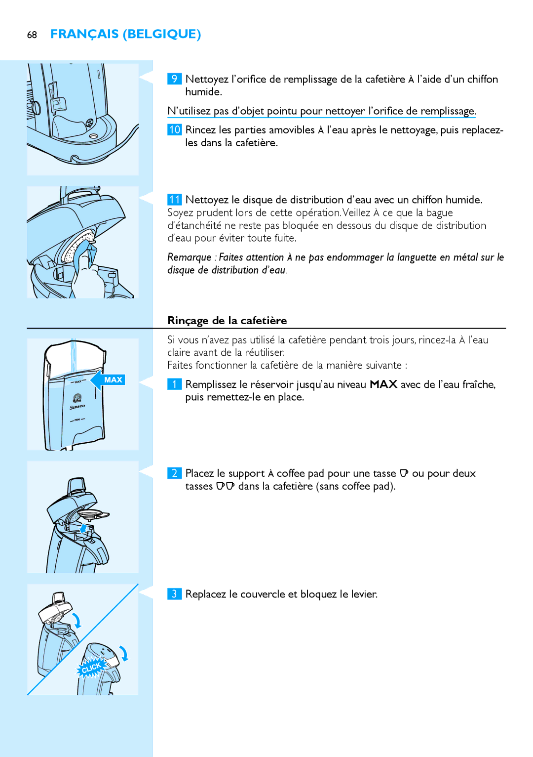 Philips HD7850 manual ’eau pour éviter toute fuite, Rinçage de la cafetière 