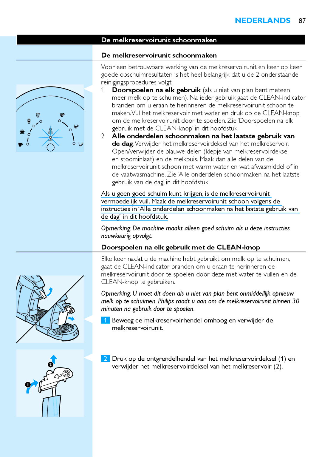 Philips HD7850 manual De melkreservoirunit schoonmaken, Doorspoelen na elk gebruik met de CLEAN-knop 