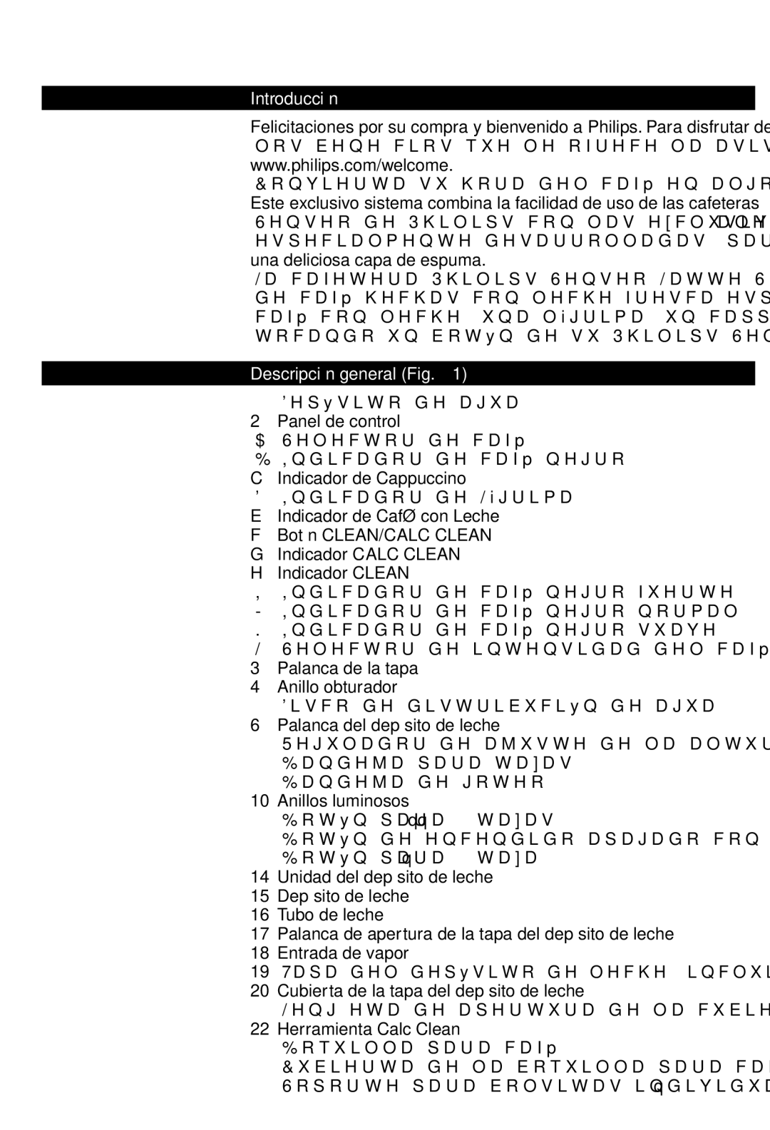 Philips HD7854 manual Introducción, Descripción general, Indicador Clean, Cubierta de la tapa del depósito de leche 