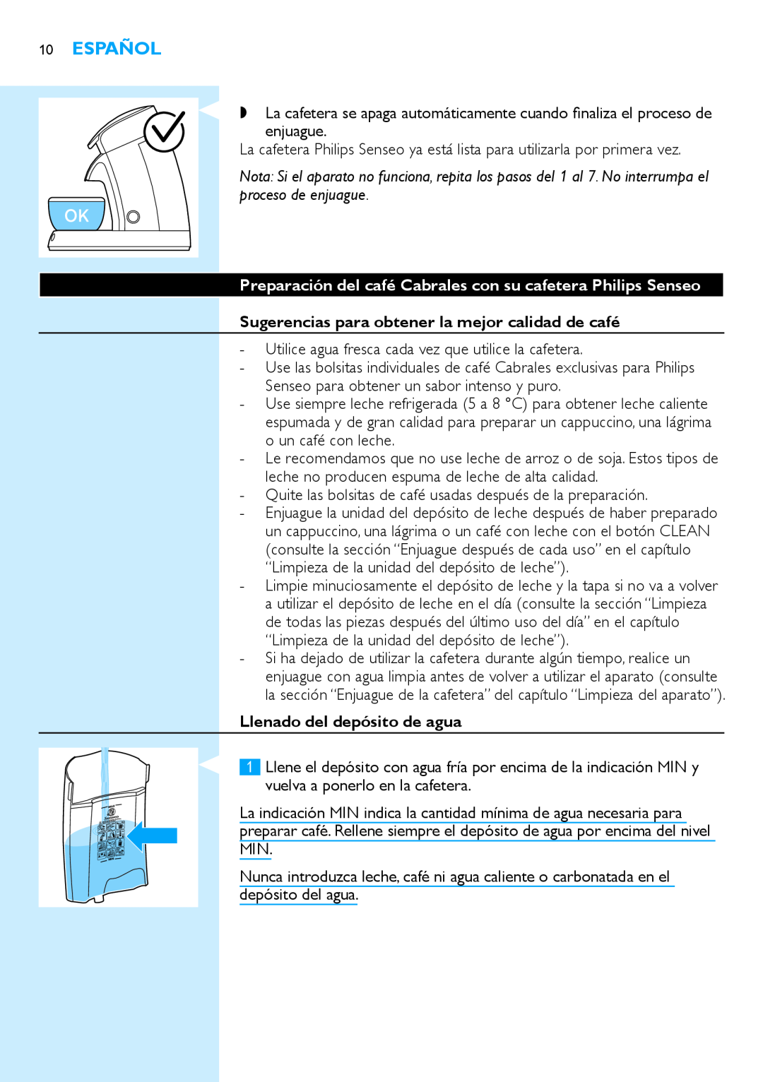 Philips HD7854 manual Español, Preparación del café Cabrales con su cafetera Philips Senseo, Llenado del depósito de agua 