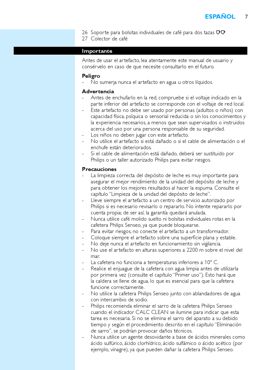 Philips HD7854 manual Español, Importante, Peligro, Advertencia, Precauciones 