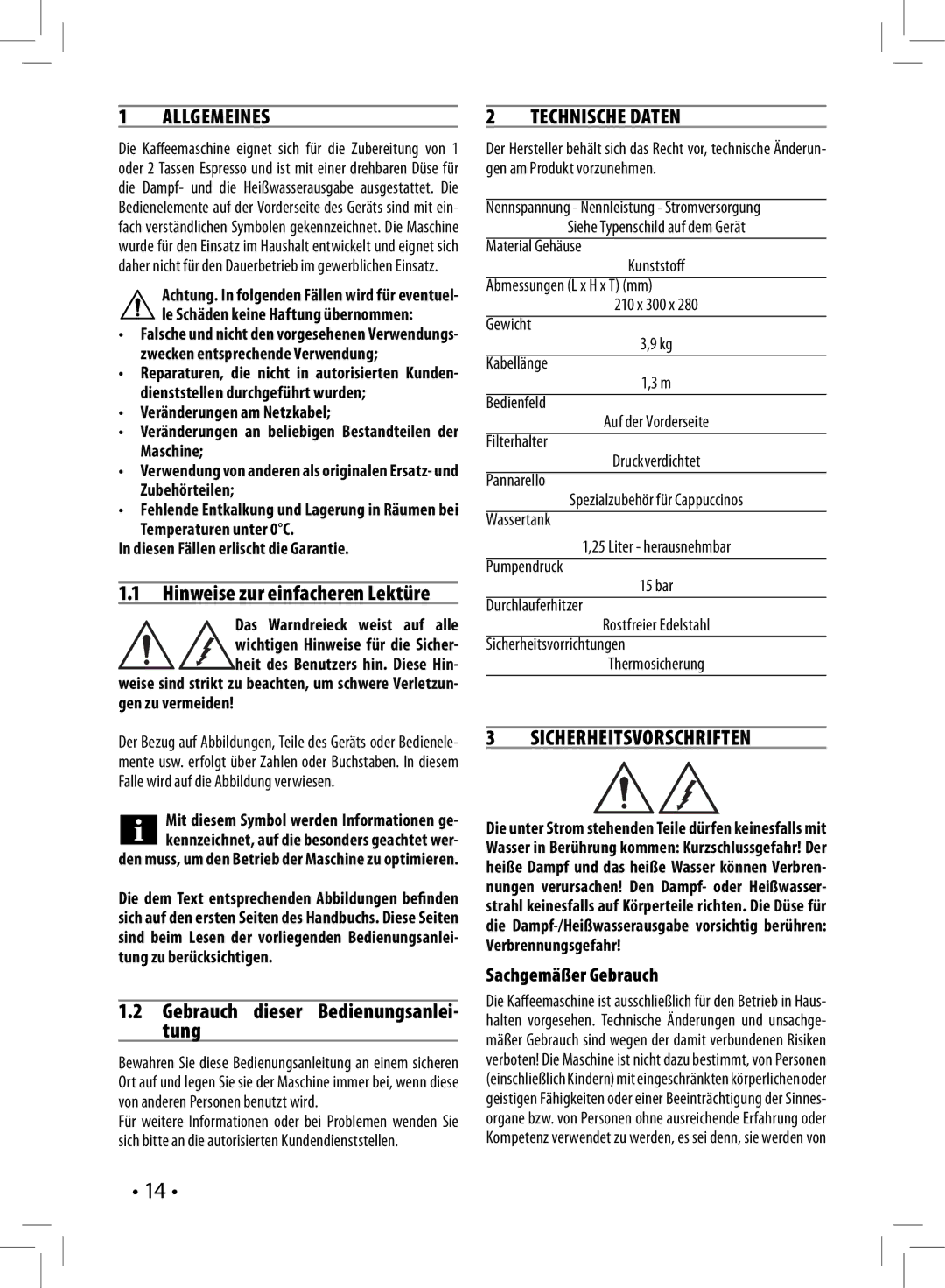 Philips HD8327/47 manual Allgemeines, Gebrauch dieser Bedienungsanlei- tung, Technische Daten, Sicherheitsvorschriften 