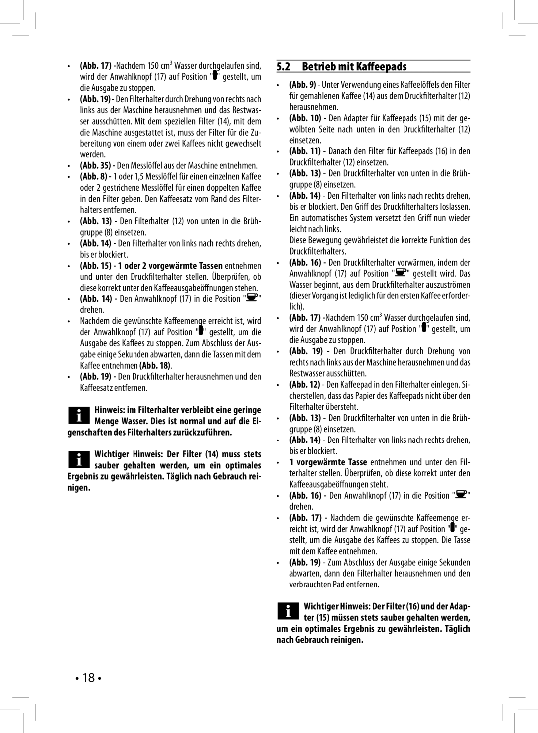 Philips HD8327/47 Betrieb mit Kaﬀeepads, Abb Den Anwahlknopf 17 in die Position drehen, Nigen, Nach Gebrauch reinigen 