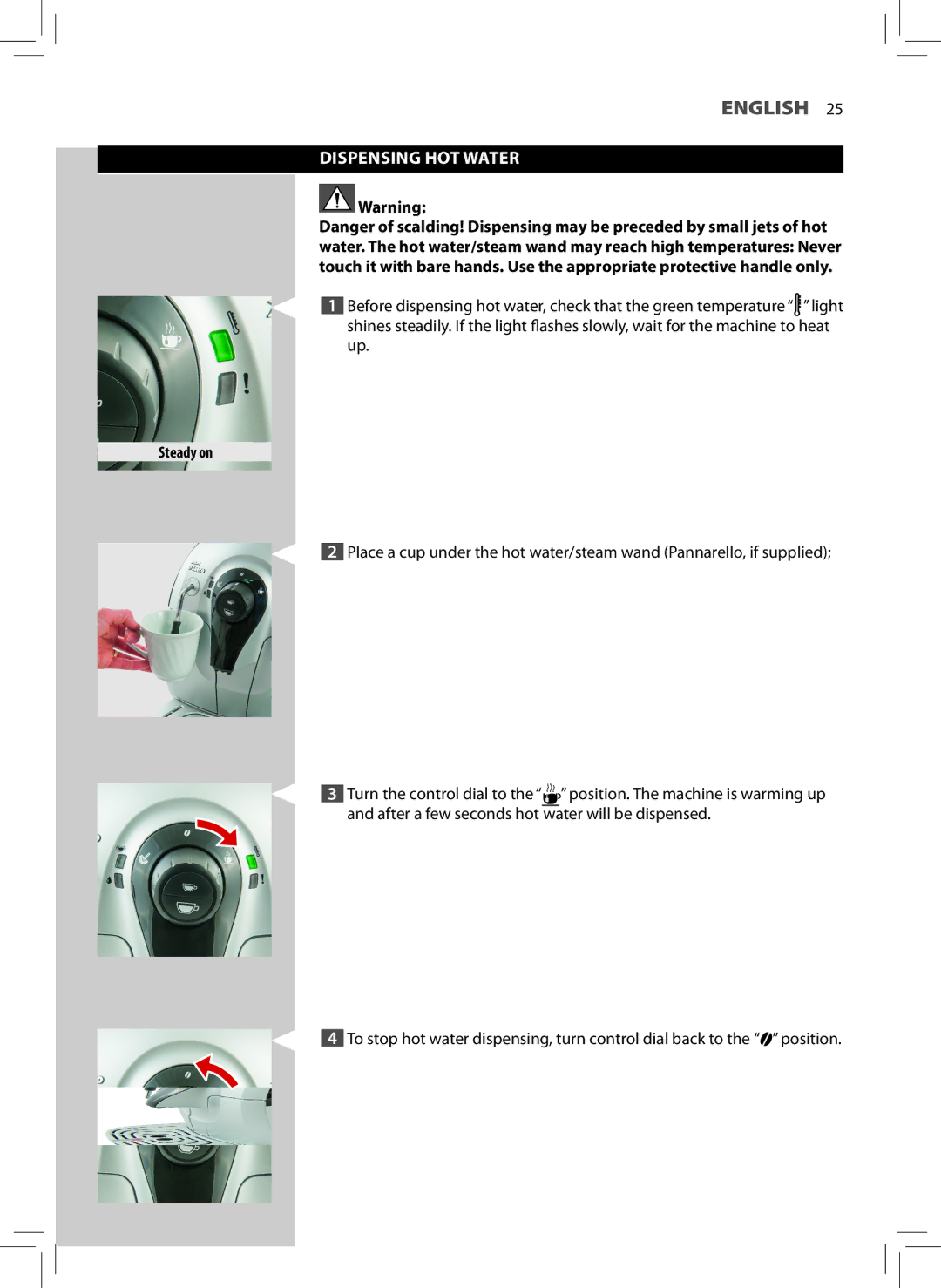 Philips HD8743, HD8747, HD8745 user manual Dispensing HOT Water 