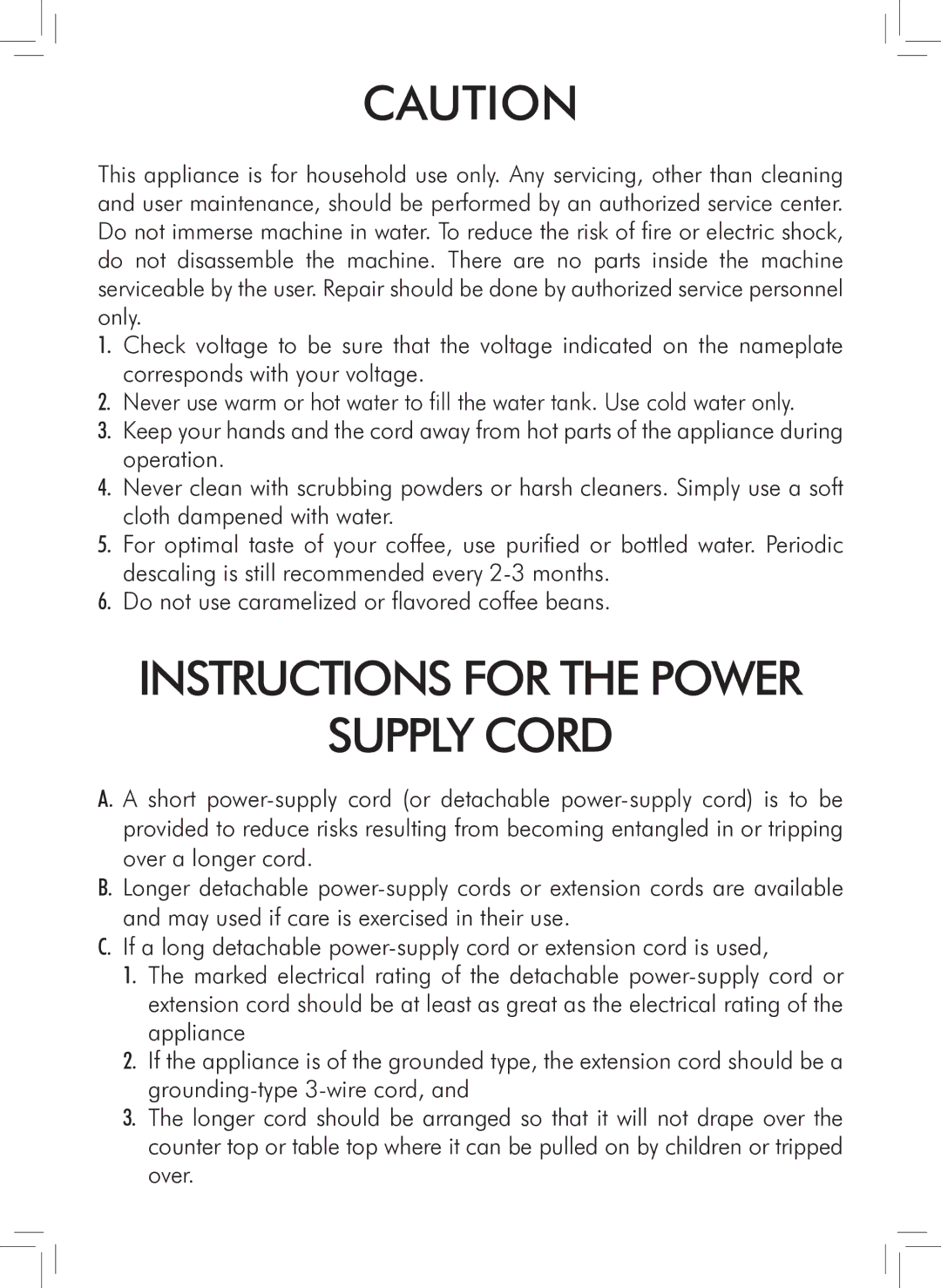 Philips HD8743, HD8747, HD8745 user manual Instructions for the Power Supply Cord 