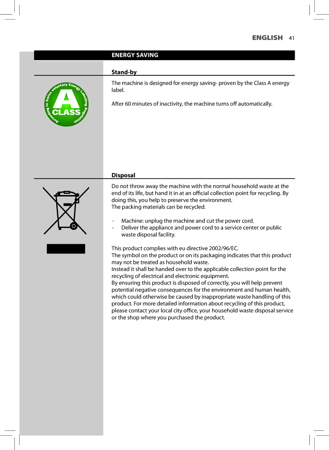 Philips HD8747, HD8743, HD8745 user manual Energy Saving, Stand-by, Disposal 