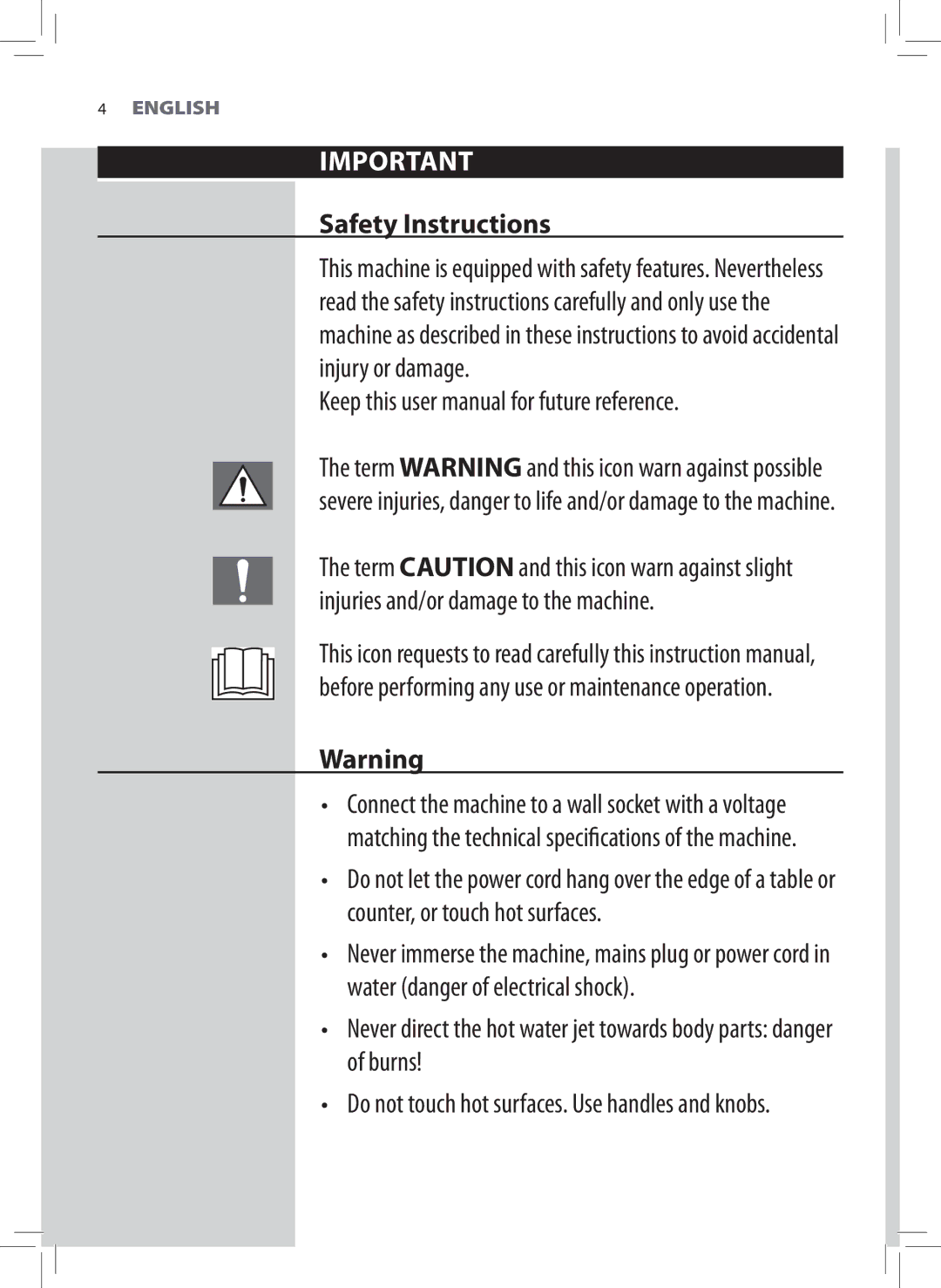 Philips HD8743, HD8747, HD8745 user manual Safety Instructions 