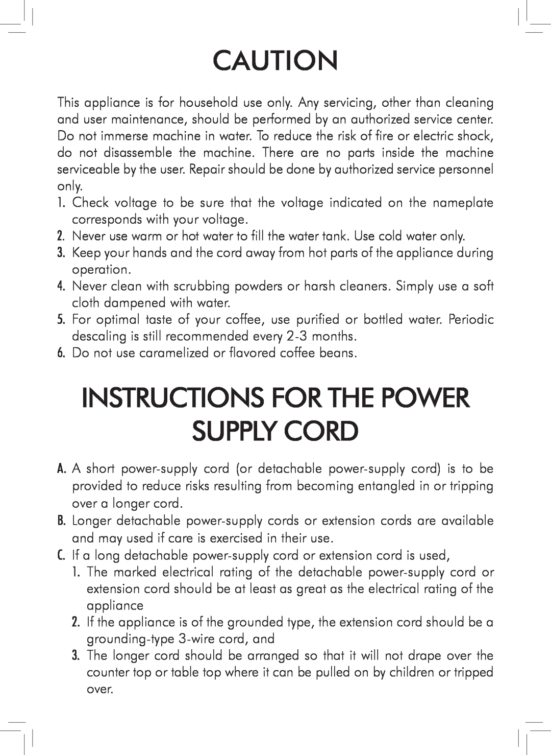 Philips HD8743, HD8747, HD8745 user manual Instructions For The Power Supply Cord 