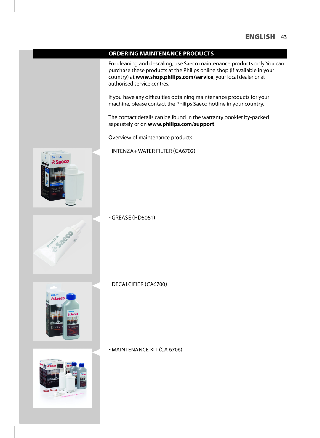 Philips HD8743 English, Ordering Maintenance Products, Overview of maintenance products INTENZA+ WATER FILTER CA6702 