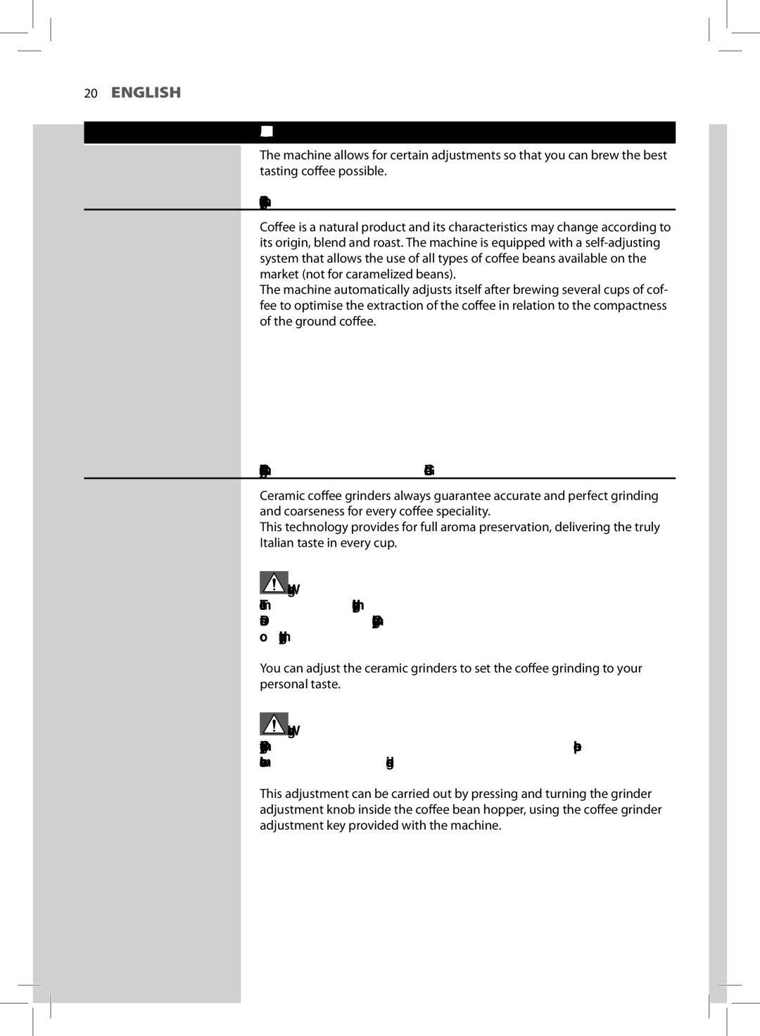 Philips HD8752, HD8881 user manual Adjustments, Saeco Adapting System, Adjusting the Ceramic Coffee Grinder 