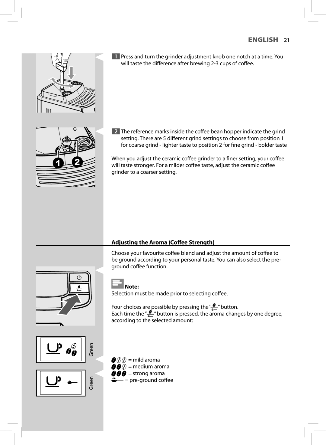 Philips HD8881, HD8752 user manual Adjusting the Aroma Coffee Strength 