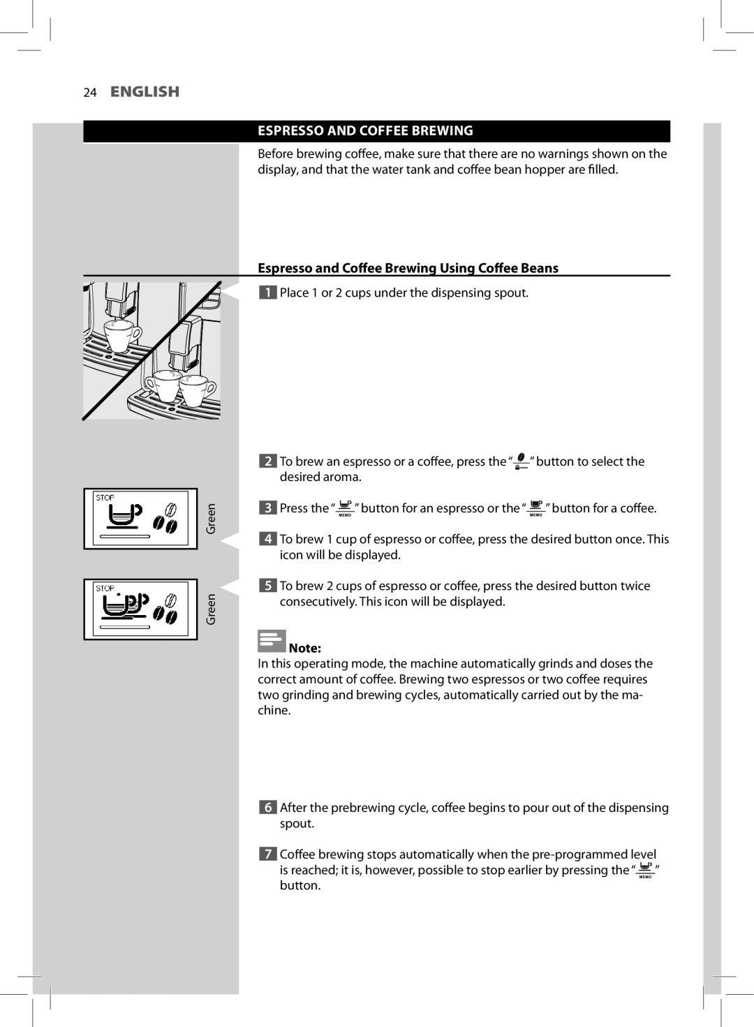 Philips HD8752, HD8881 user manual Espresso and Coffee Brewing Using Coffee Beans 