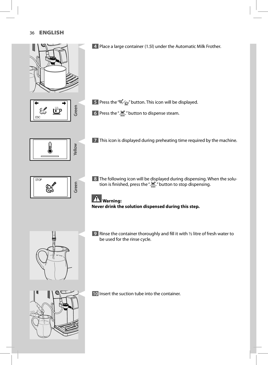 Philips HD8752, HD8881 user manual Never drink the solution dispensed during this step 