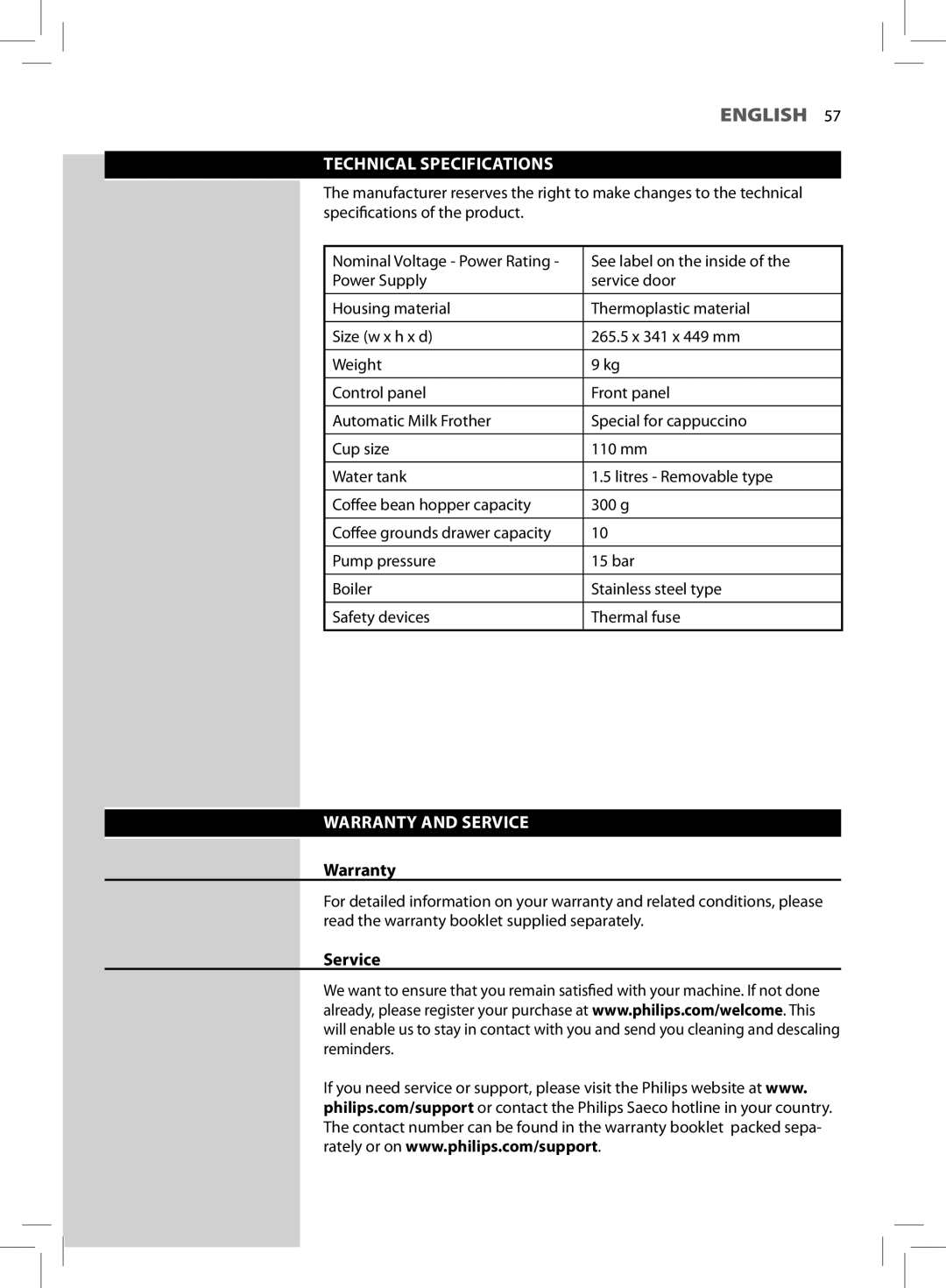 Philips HD8881, HD8752 user manual Technical Specifications, Warranty and Service 