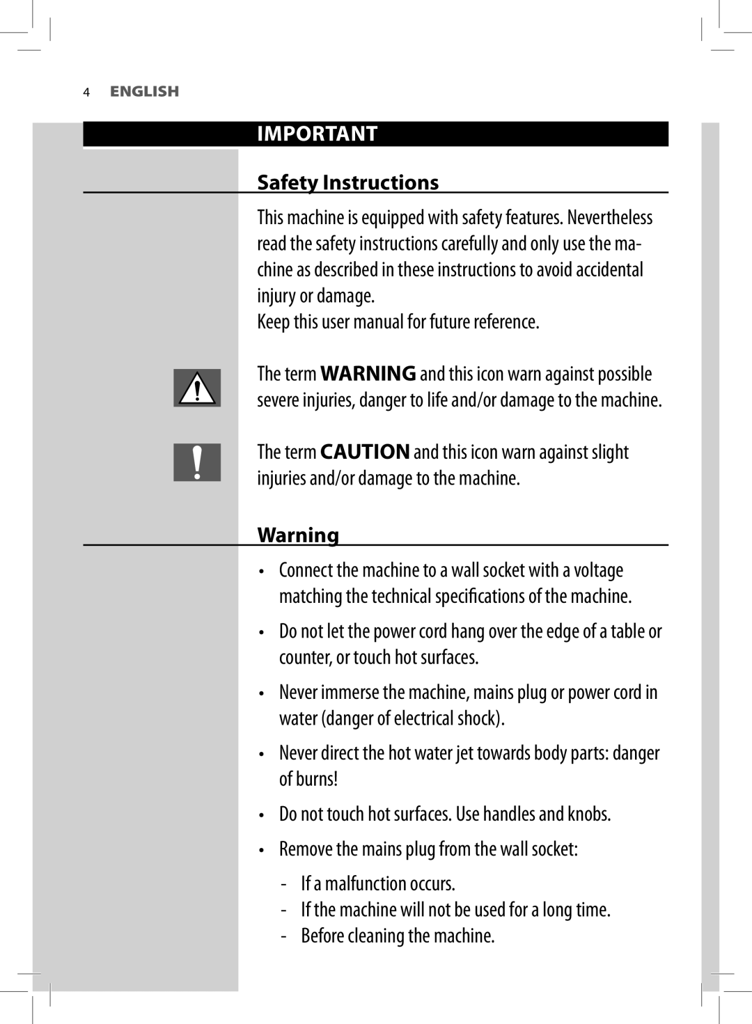 Philips HD8752, HD8881 user manual Safety Instructions 