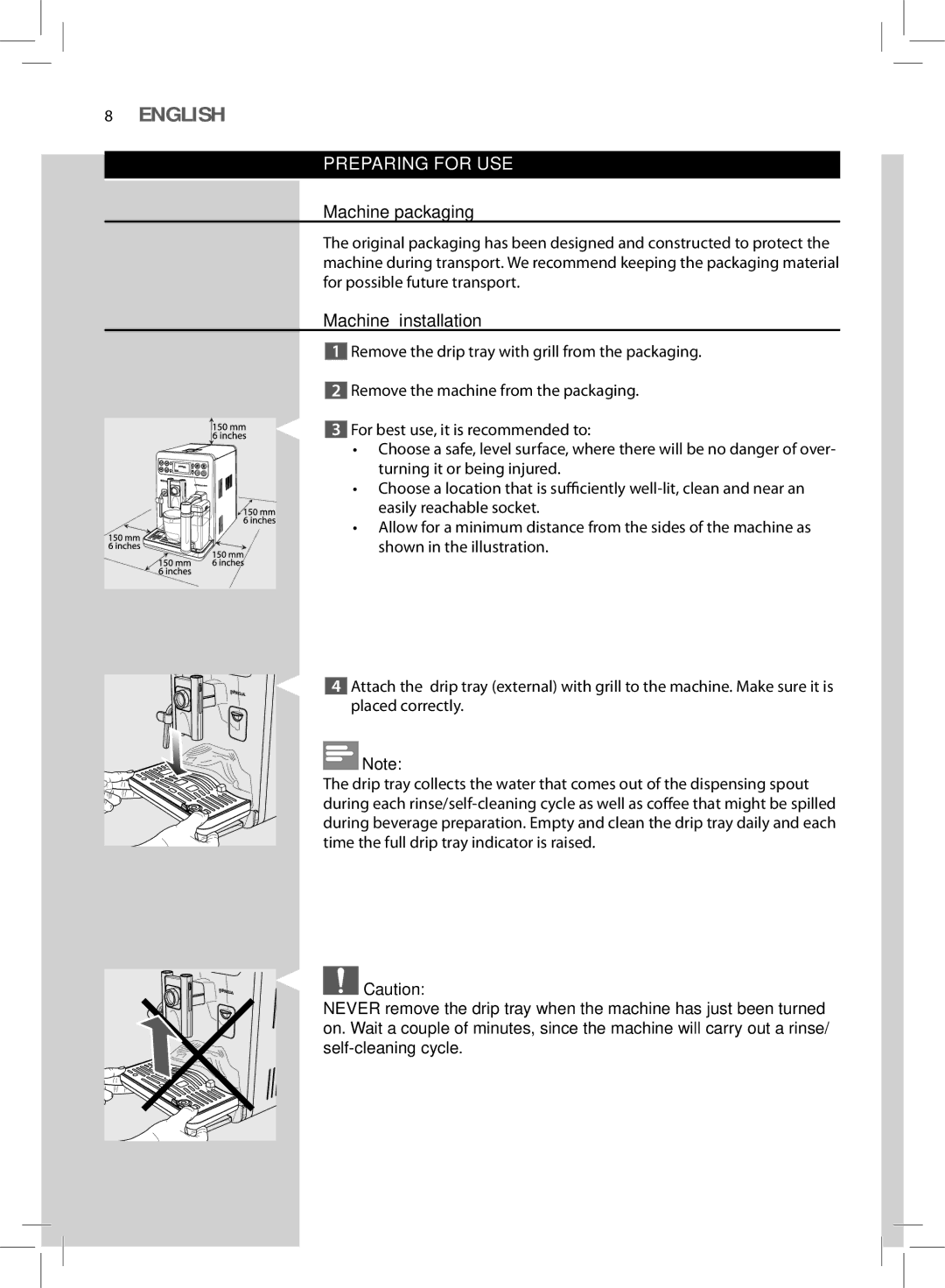 Philips HD8857, HD8855 user manual Preparing for USE, Machine packaging, Machine installation 