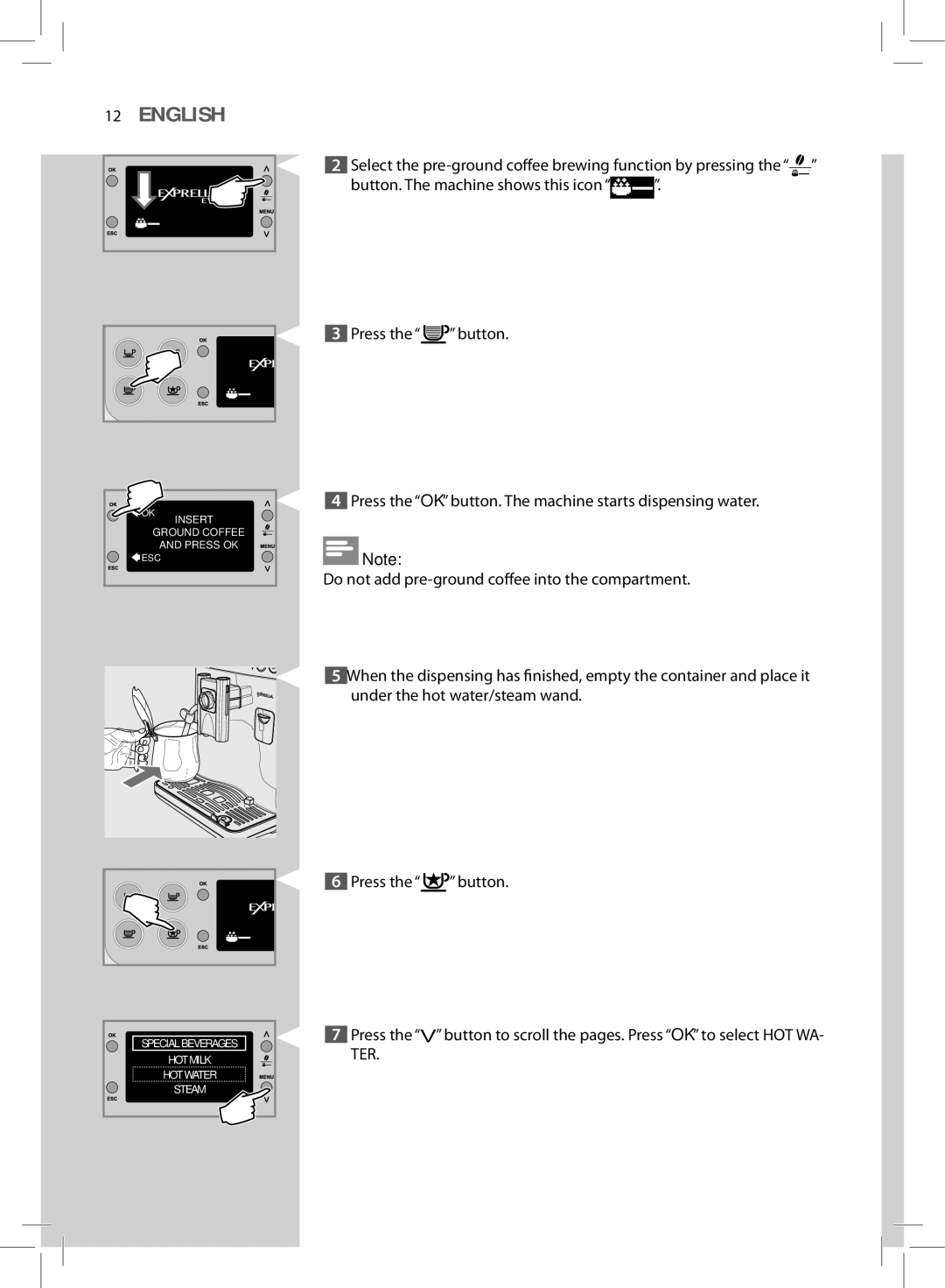 Philips HD8857, HD8855 user manual OK Insert Ground Coffee Press OK 