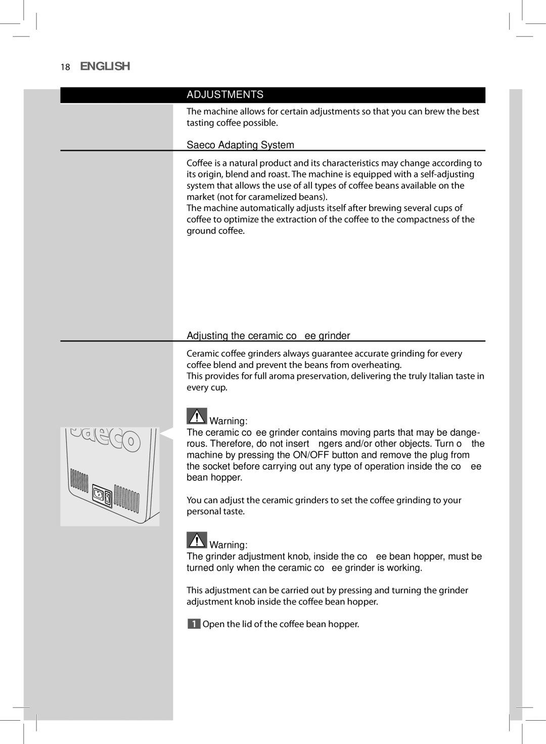 Philips HD8857, HD8855 user manual Adjustments, Saeco Adapting System, Adjusting the ceramic coffee grinder 